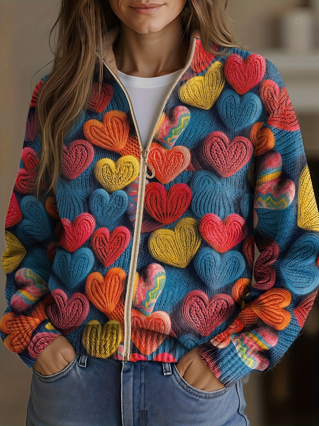 Madeline - Motif tricot texturé à cœurs multicolores
