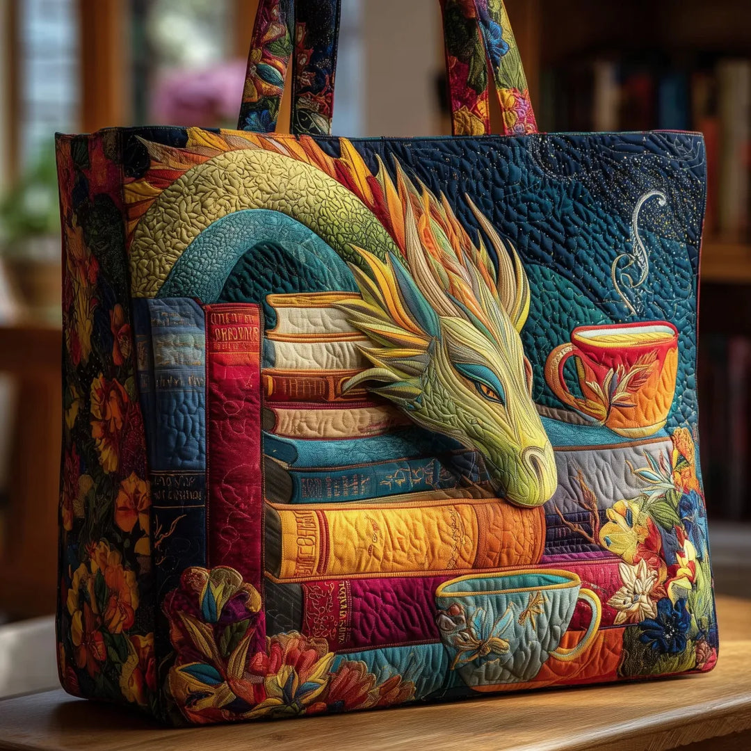 Sac à main artisanal - Dragon lecteur de livres et tasses