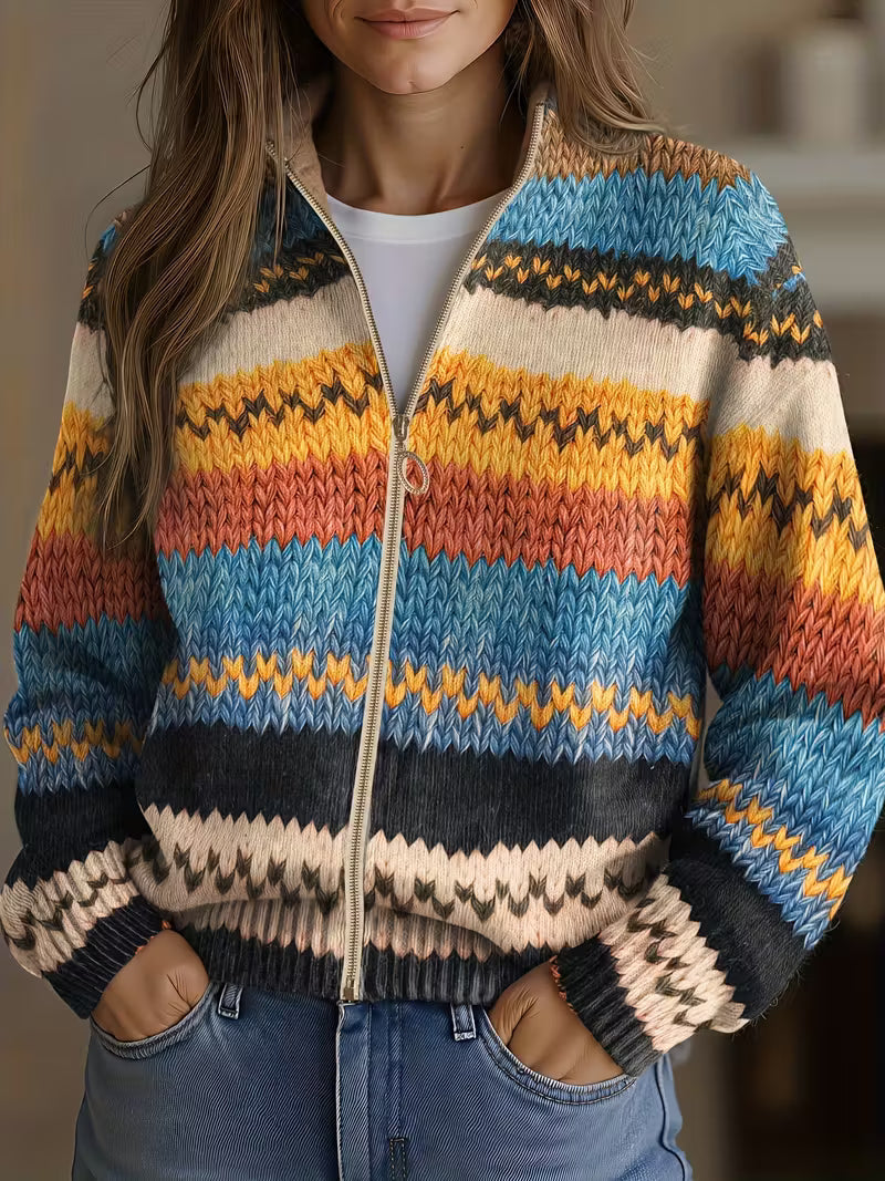 Jenna - Cardigan en tricot rayé zigzag multicolore