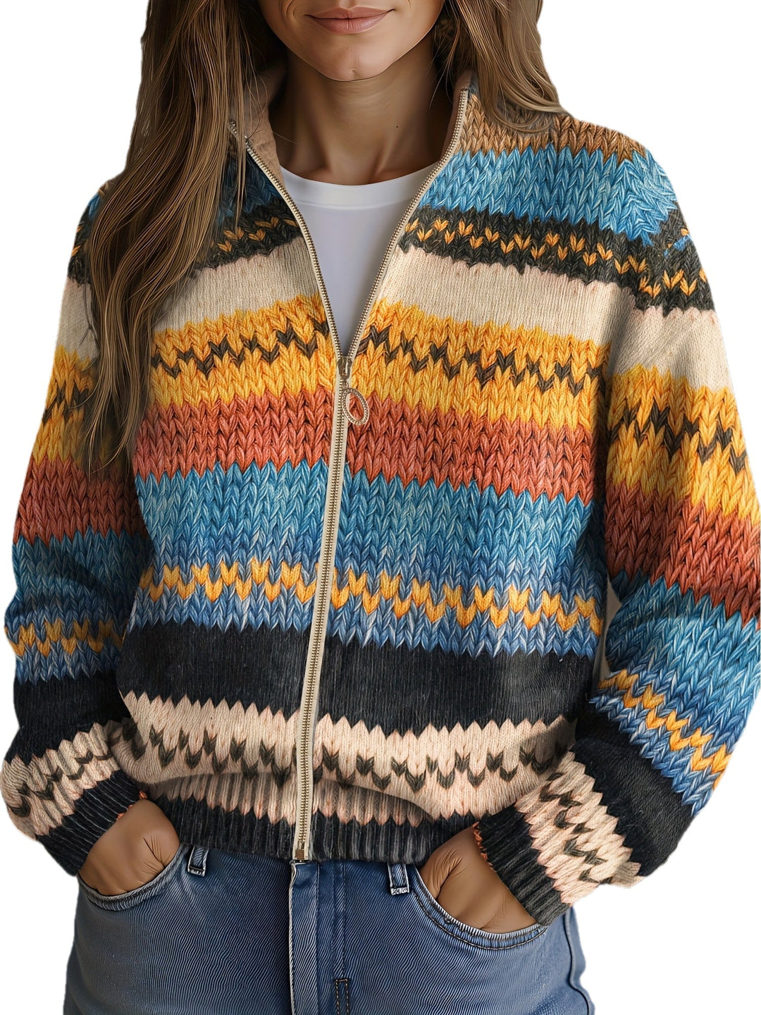 Jenna - Cardigan en tricot rayé zigzag multicolore
