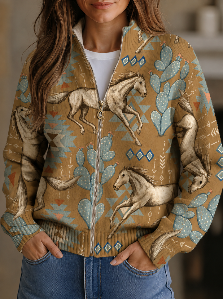 Kaitlyn - Cardigan zippé avec chevaux du désert et cactus