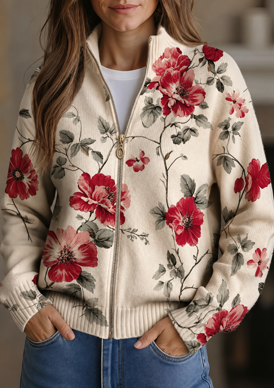 Pénélope - Cardigan zippé à imprimé rose vintage