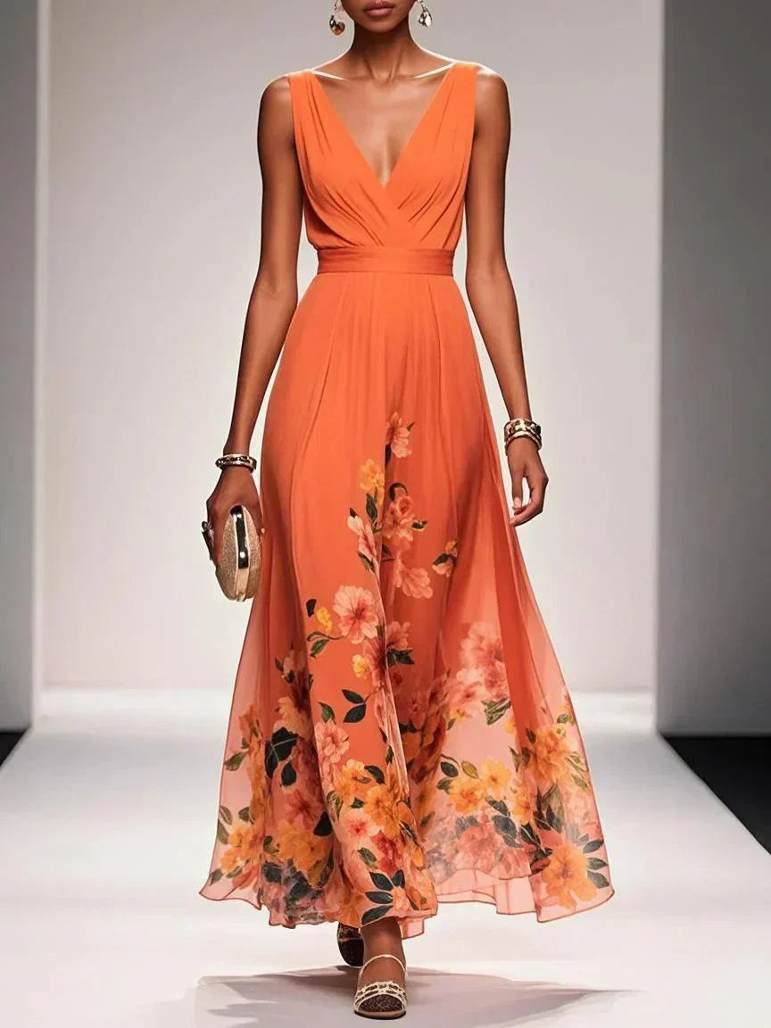 Rosa | Robe Maxi en Chiffon avec Fleurs Bleu Clair et Décolleté en V