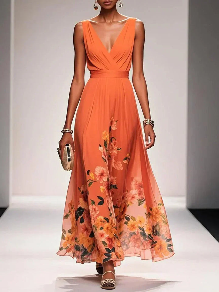 Rosa | Robe Maxi en Chiffon avec Fleurs Bleu Clair et Décolleté en V