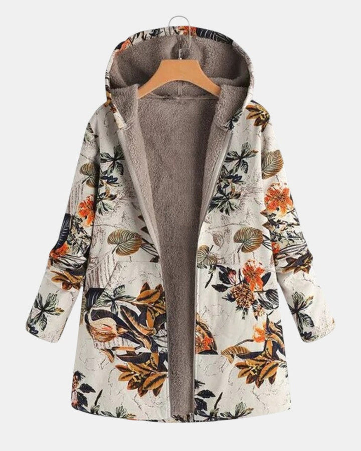 Elena – Manteau à capuche Boho-Sherpa avec motif floral
