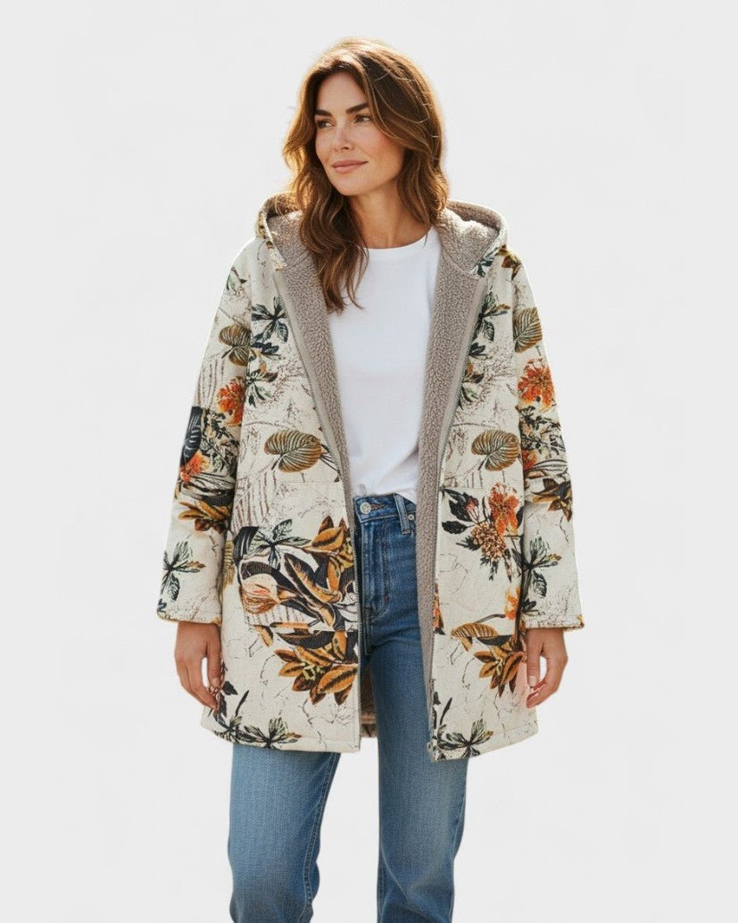 Elena – Manteau à capuche Boho-Sherpa avec motif floral