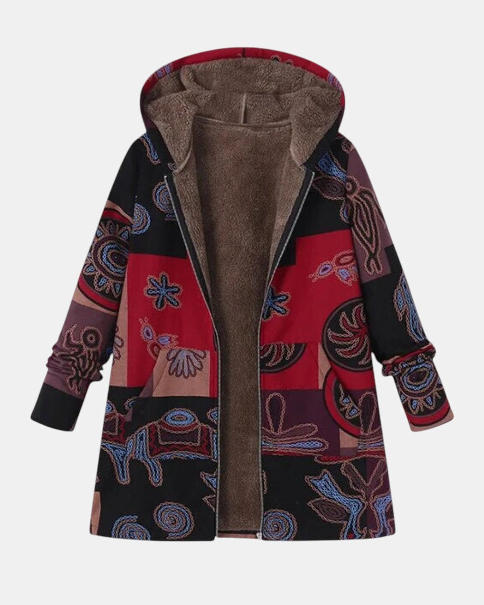 Marina – Manteau à capuche en patchwork boho avec motif abstrait