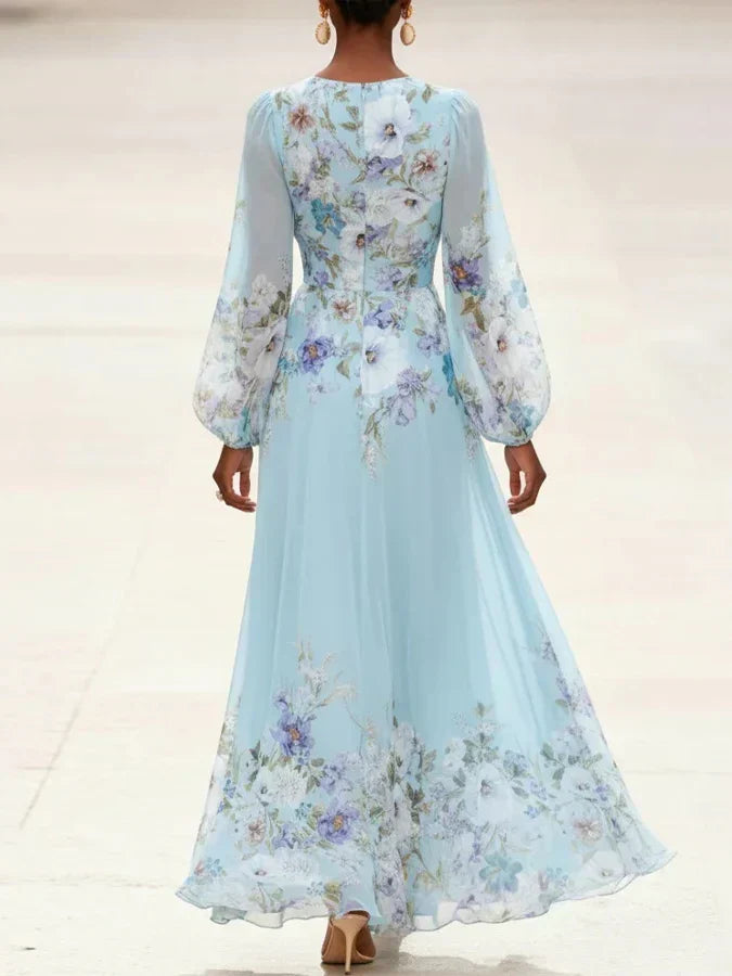 Mia | Robe Maxi Chiffon Floral Bleu Clair avec Décolleté en V
