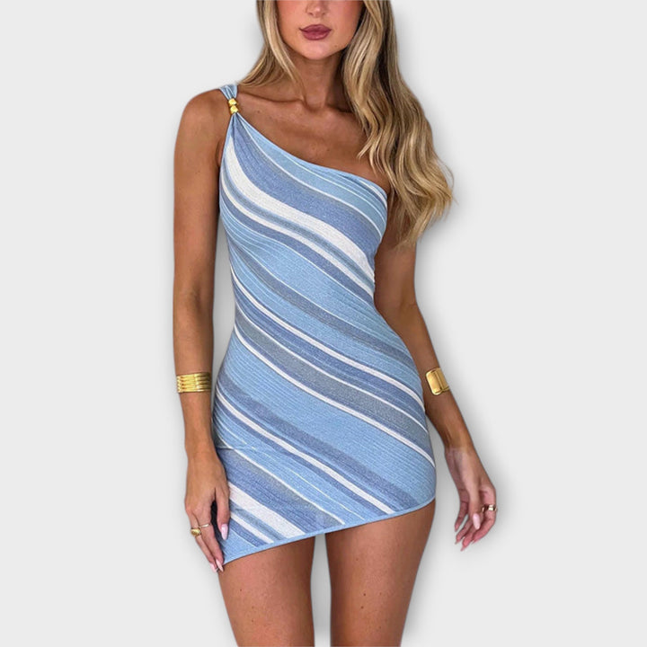 Kira - Robe Mini Tricot à Épaule Unique Tendance