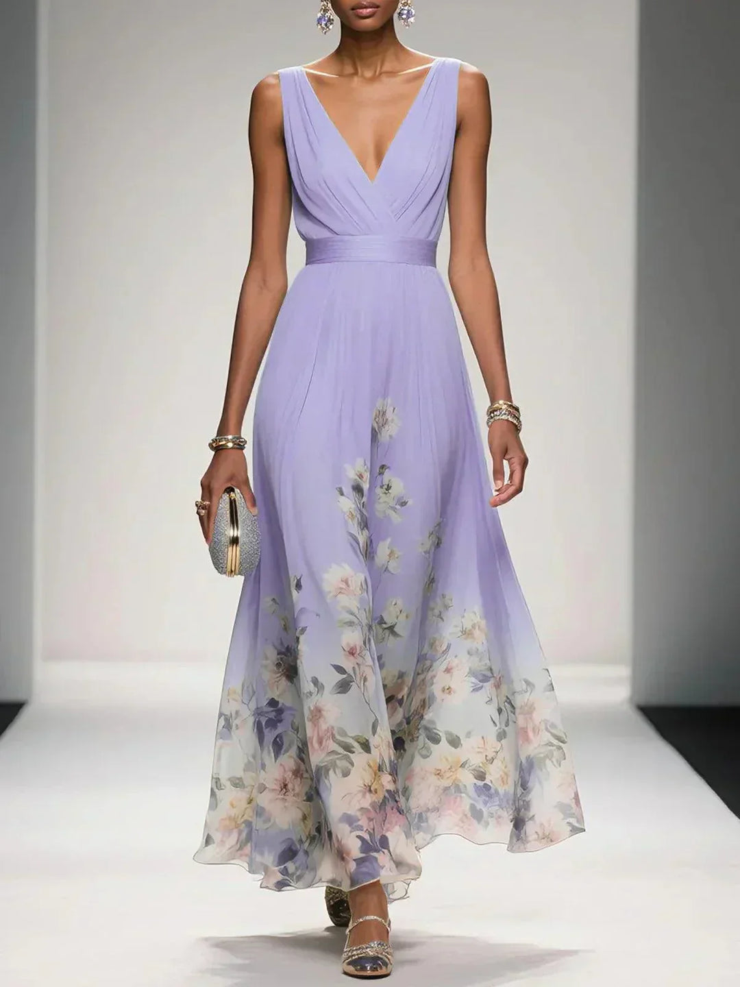 Rosa | Robe Maxi en Chiffon avec Fleurs Bleu Clair et Décolleté en V