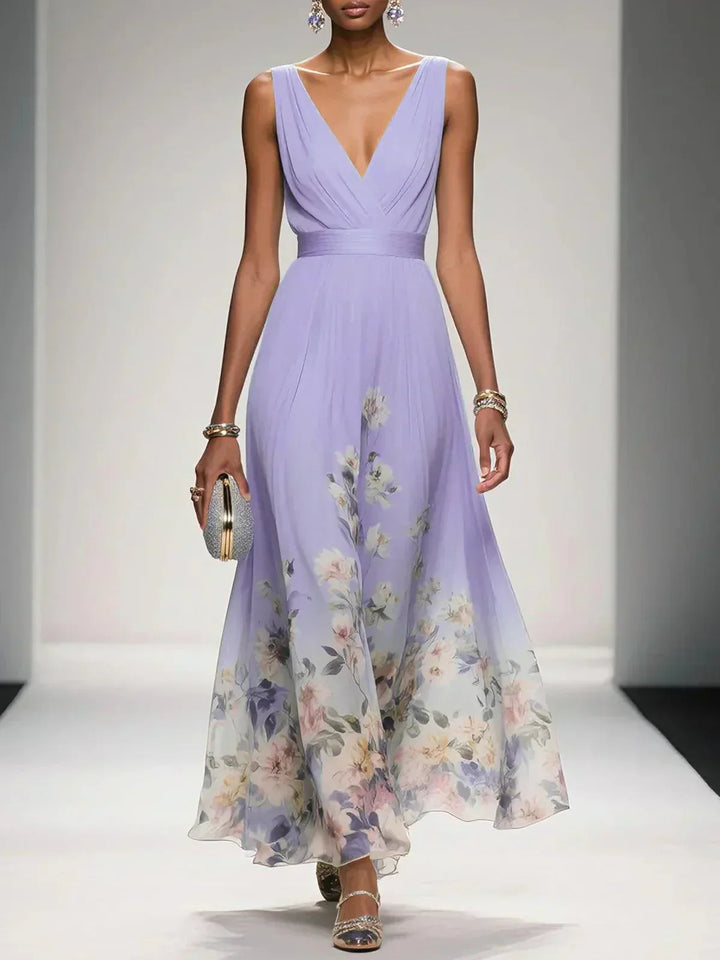 Rosa | Robe Maxi en Chiffon avec Fleurs Bleu Clair et Décolleté en V
