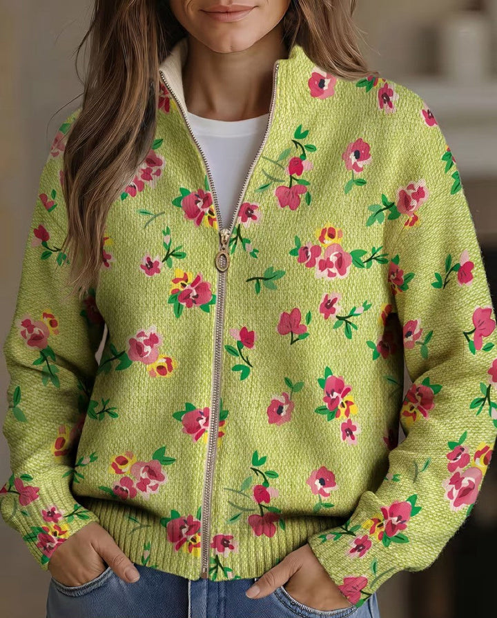 Lauren - Cardigan zippé lime à fleurs roses