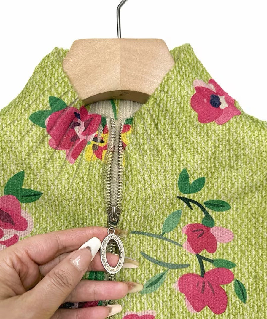 Lauren - Cardigan zippé lime à fleurs roses
