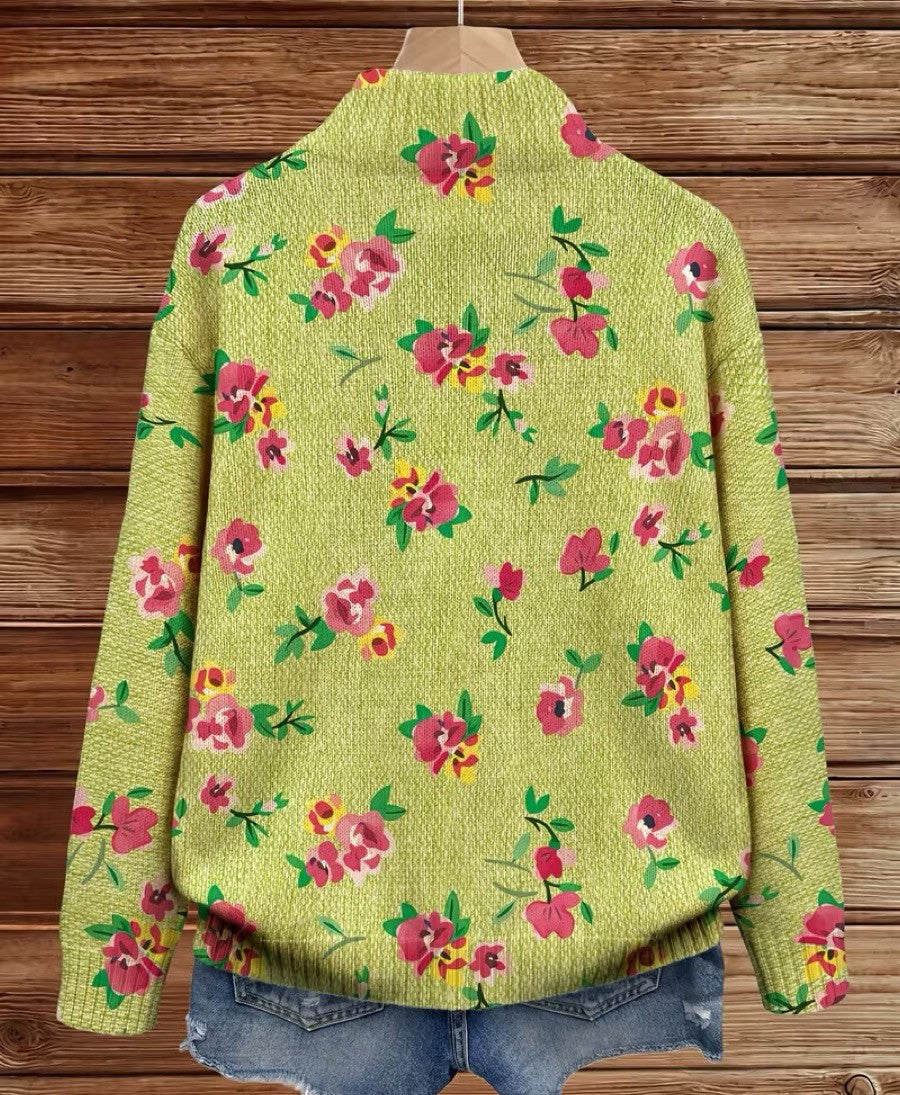 Lauren - Cardigan zippé lime à fleurs roses