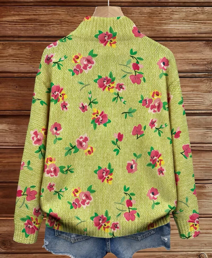 Lauren - Cardigan zippé lime à fleurs roses