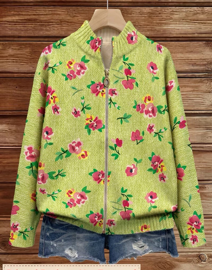 Lauren - Cardigan zippé lime à fleurs roses