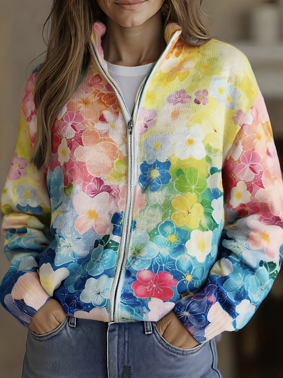 Natalie - Cardigan zippé ombragé floral en aquarelle