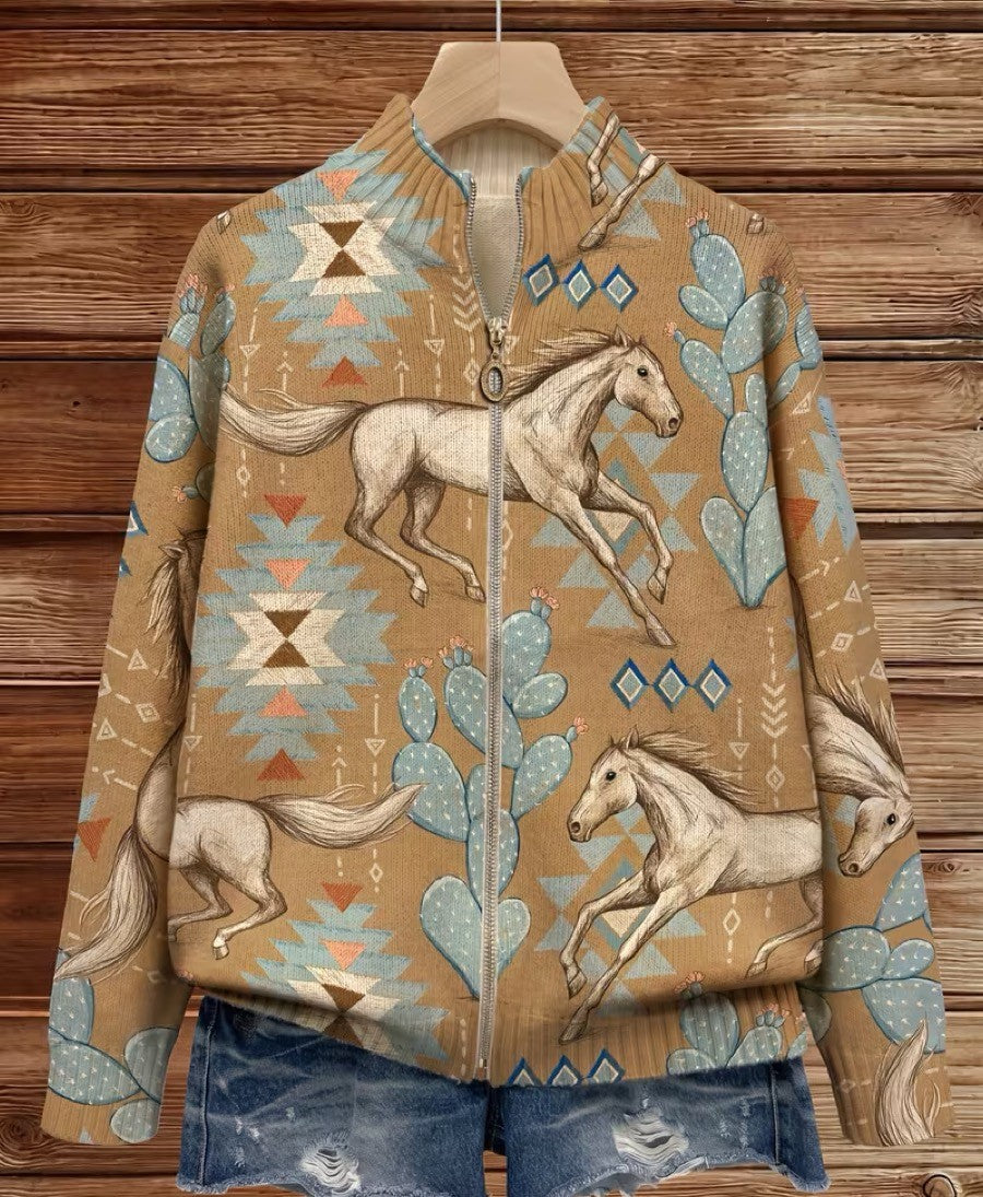 Kaitlyn - Cardigan zippé avec chevaux du désert et cactus