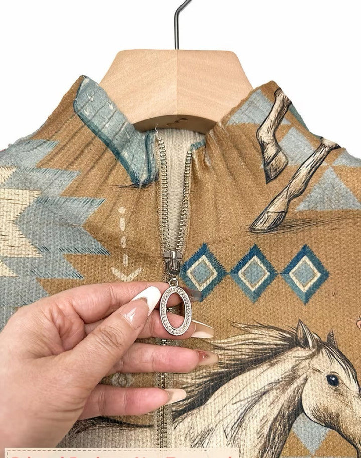 Kaitlyn - Cardigan zippé avec chevaux du désert et cactus